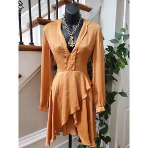 Evenuel Women's Orange 100% Polyester V-Neck Long Sleeve Knee Length Dress Small